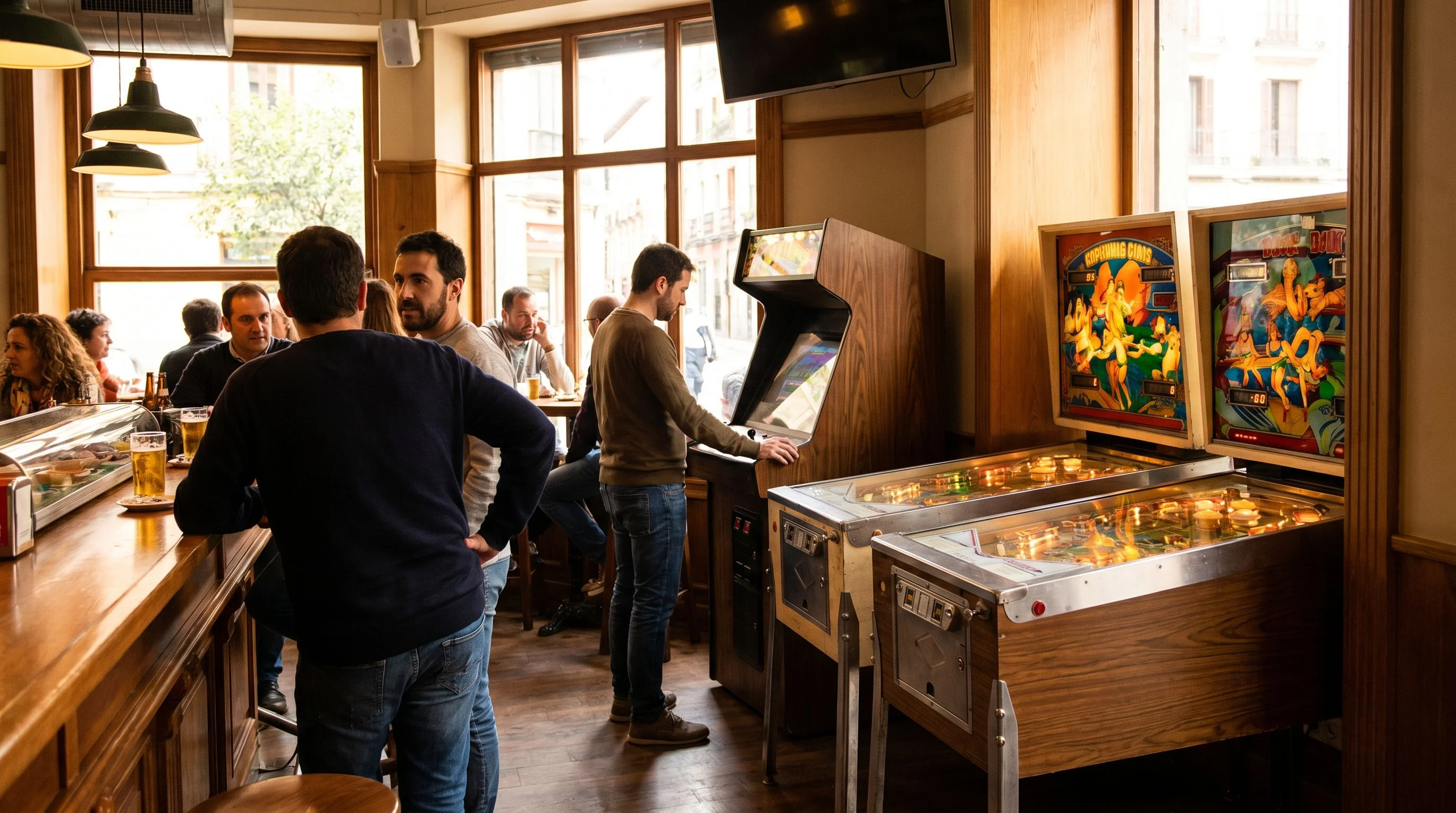 Máquinas recreativas para bares: futbolín y billar en un bar español